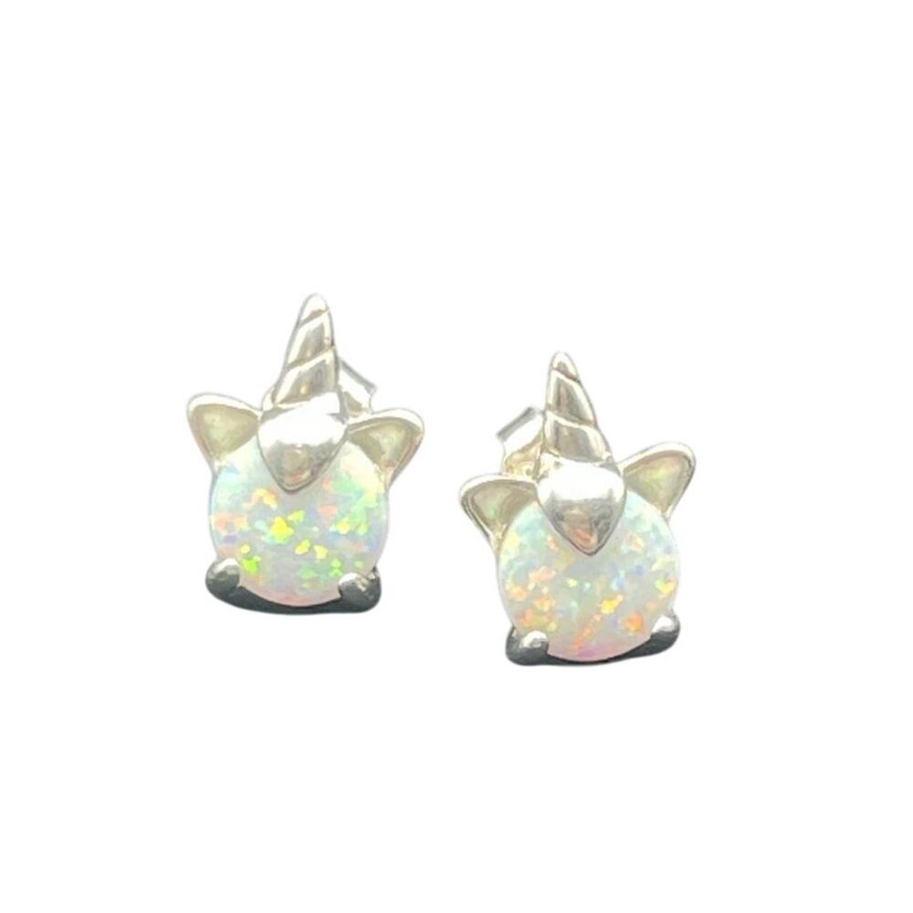 Small 925 Unicorn Stud Earrings Simulated Opal Stones Sterling Silver Pierced